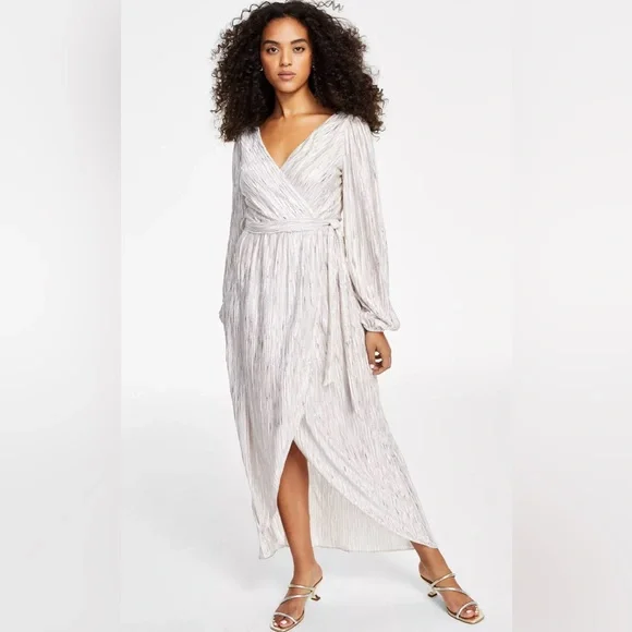 Guess Metallic-Striped Faux-Wrap Maxi Dress - Champagne - Size 2